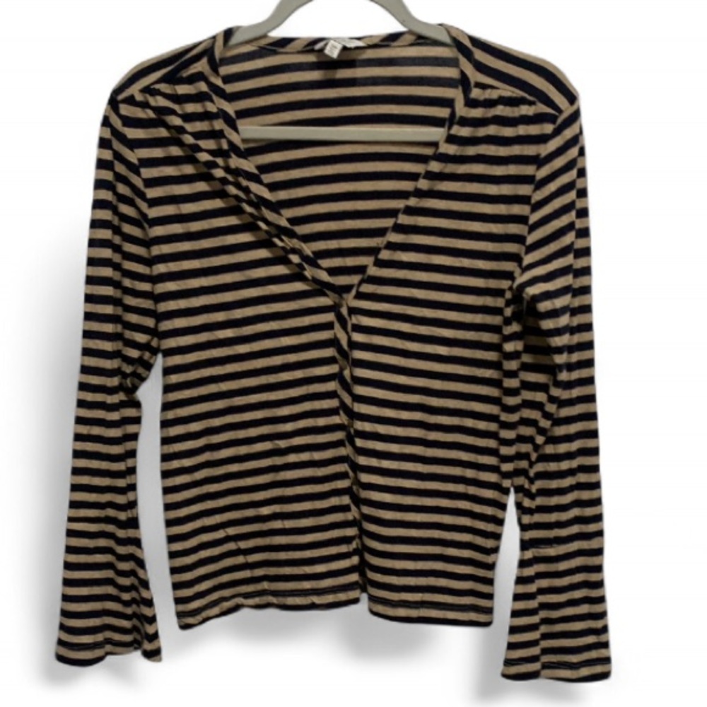 Lucky Brand Tan Black Striped Bell Sleeve Button Down Shirt